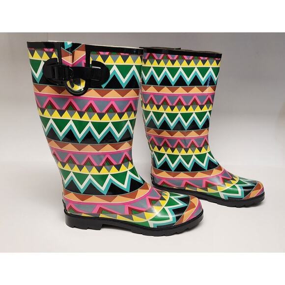 Corkys Shoes Women's Sunshine Multi Color Chevron Print Rain Boots Size 10 - Picture 3 of 12